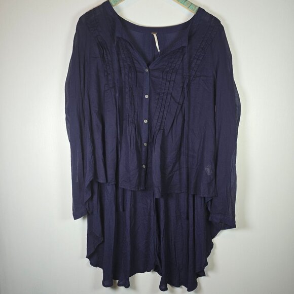 Free People Sisters Of The Moon Sheer Gauzy High Low Blue Button-Up Blouse M - Picture 2 of 8
